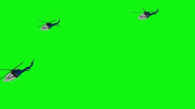 现实的直升机飞行动画。前视图。绿屏4k镜头
