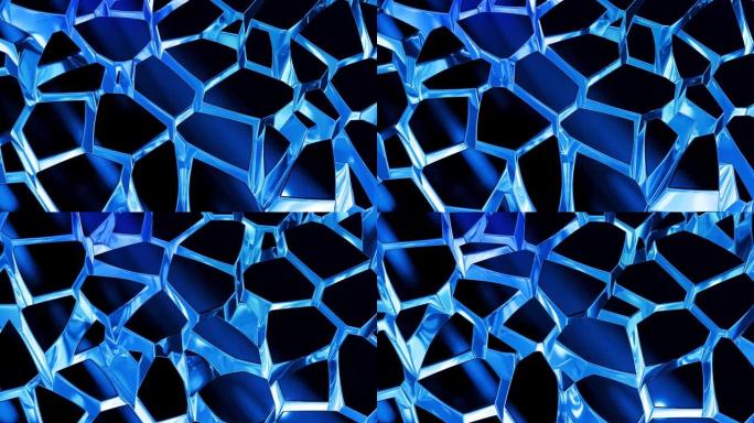 环状的抽象液体背景，在闪亮的光泽表面上有波浪形的闪光图案。像箔或明亮玻璃表面的粘性蓝色流体。美丽的创