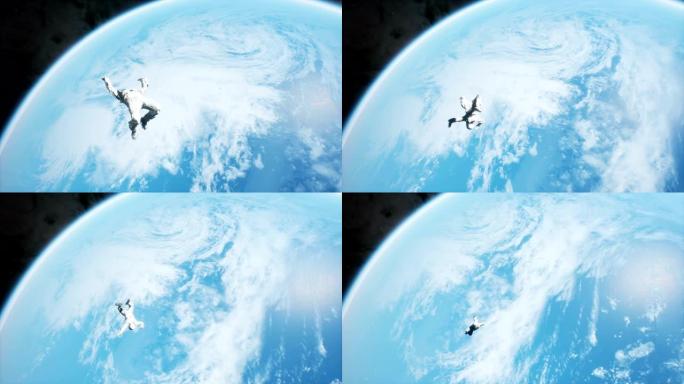 一名宇航员在外太空飞行，落在一个未知的蓝色星球上。幻想、未来或太空旅行背景的动画。