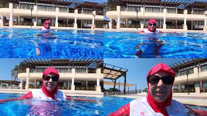 游泳池上的穆斯林妇女-4k分辨率