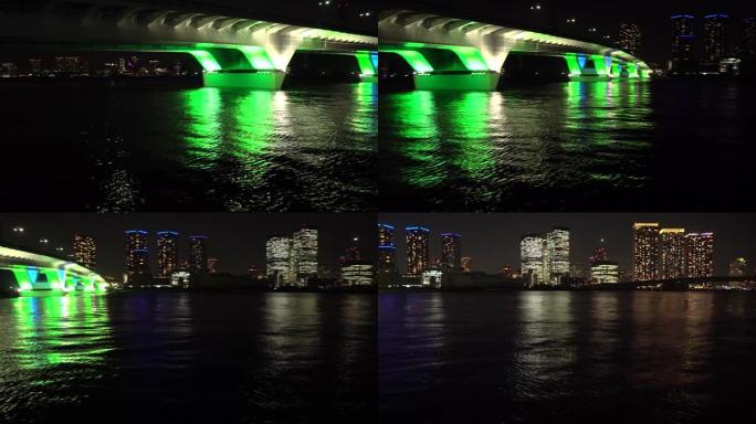 塔公寓和沿隅田川的长廊的Eitai桥。平移镜头。