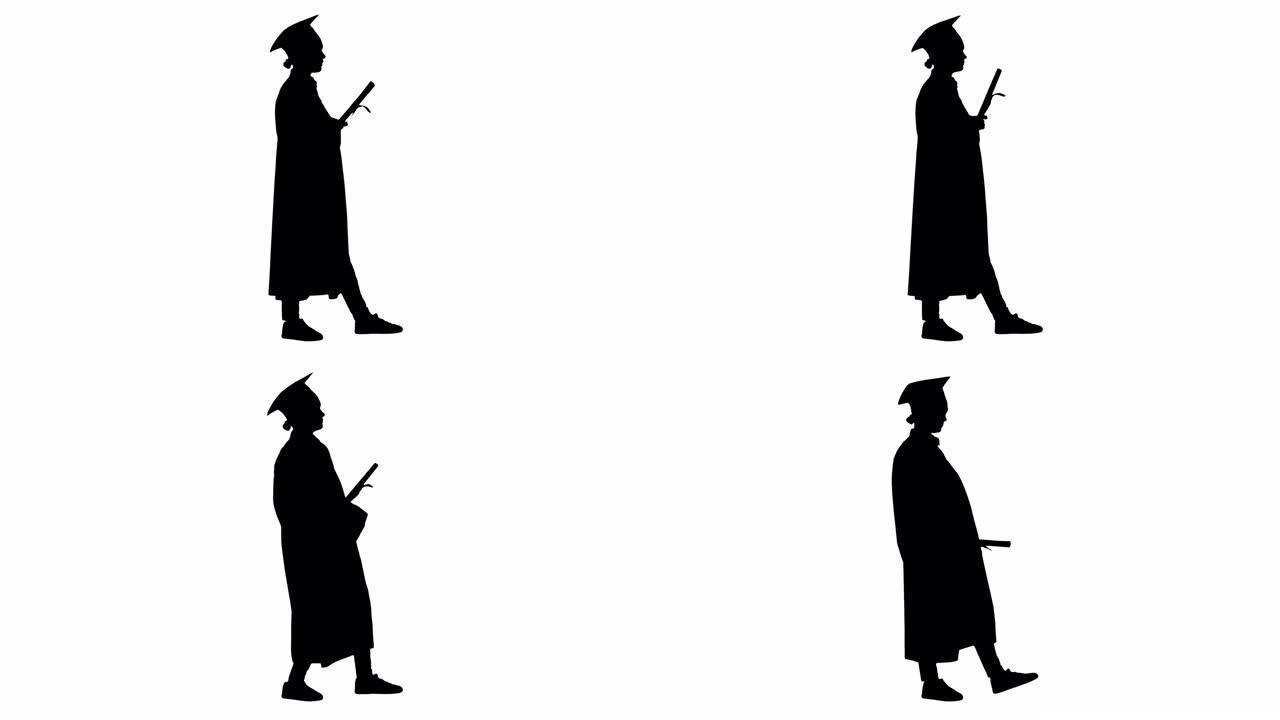 剪影受挫的女学生穿着毕业长袍，在等待时摇着文凭