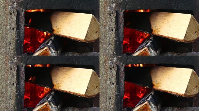 在村子里户外在炉子里慢慢燃烧木头特写高清1920x1080