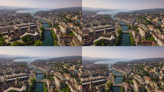 阳光明媚的苏黎世城市景观河中央火车站空中全景4k时间流逝瑞士