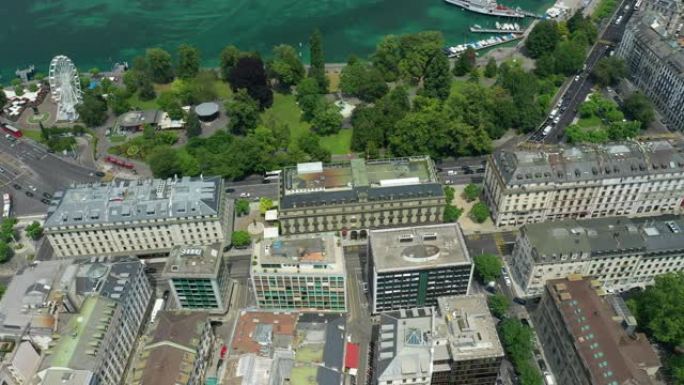 日内瓦市夏日著名湖滨海湾公园交通广场全景航空全景4k瑞士