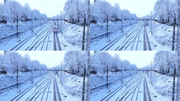 雪天冬日开出的市郊旅客列车
