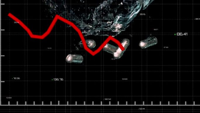 黑色背景上落入水中的药丸上的数据处理和红色图的动画