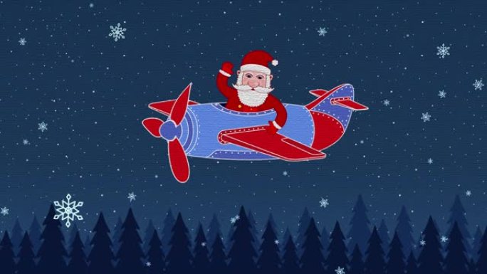 二维动画图形显示圣诞老人或圣尼古拉斯如何在圣诞节前夕在飞机上挥动手。全高清