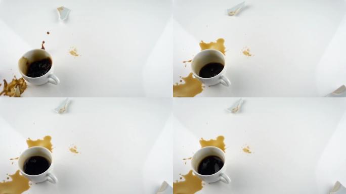 用复制空间破坏的概念。慢动作落下并打碎一杯咖啡。