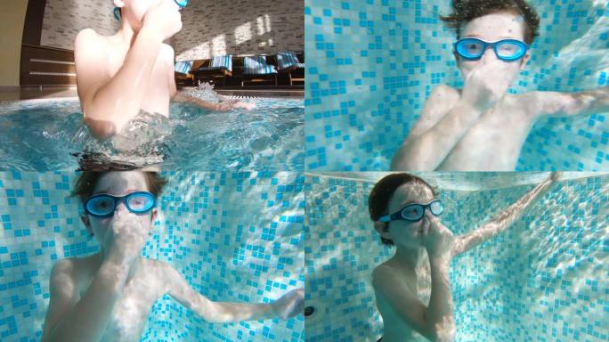 戴着眼镜游泳的快乐男孩在山上的一家大型度假酒店的游泳池里捏着鼻子来学习潜水。水中有气泡。蓝色的水。家