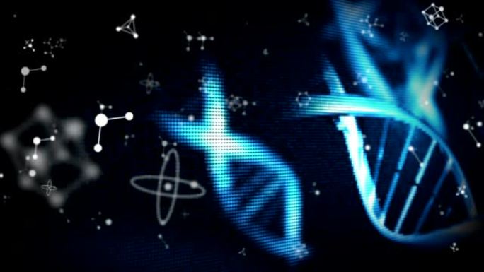黑色背景上漂浮的蓝色DNA菌株旋转分子和化学元素的动画