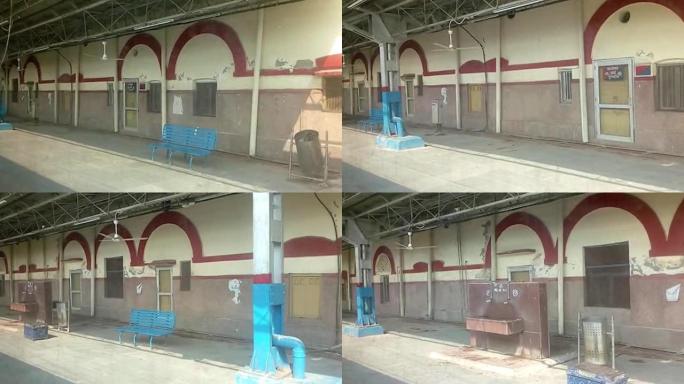 封锁后的通德拉枢纽火车站视图火车旅行视频。从火车的靠窗座位上看。印度，通德拉
