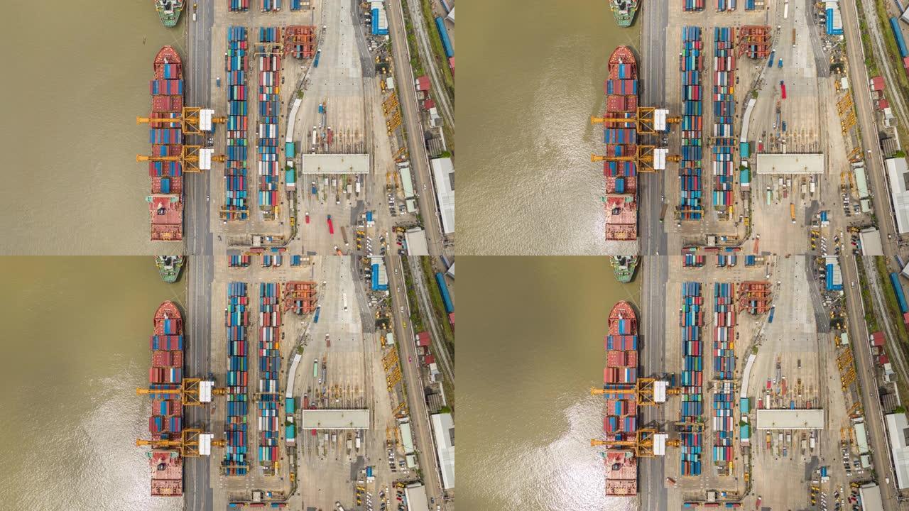 4k延时: 码头商业港口的空中俯视集装箱货船，用于商业物流，进出口，运输或货运。