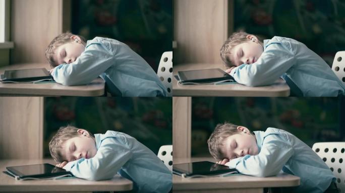 慢动作: 孩子在做作业时睡着了。