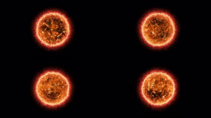 黑色背景上的抽象太阳太阳大气。燃烧气体能量太阳等离子体和耀斑行星元素循环背景。4K 3D渲染非常适合