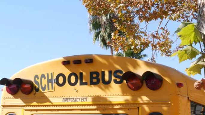 美国加利福尼亚州洛杉矶的黄色标志性校车。学生经典卡车后视图。用于儿童运输安全的车辆红绿灯。郊区儿童公