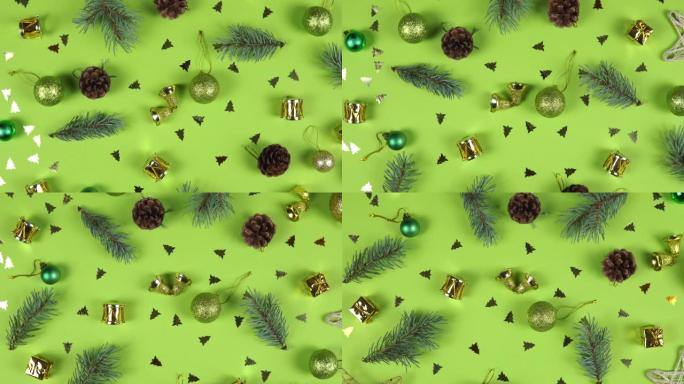 圣诞抽象图案360度旋转。杉木树枝、圆锥和礼品盒在绿色背景上旋转。