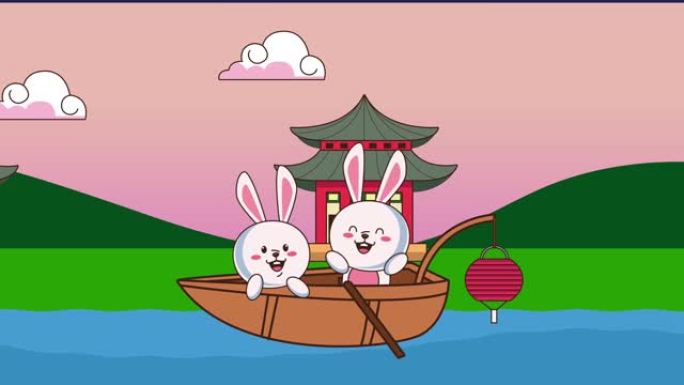 中秋节动画与兔子夫妇在船和建筑