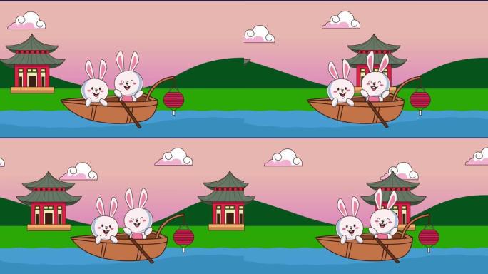 中秋节动画与兔子夫妇在船和建筑