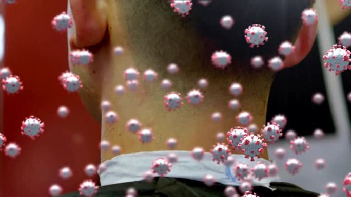 新型冠状病毒肺炎细胞反对男人在沙龙理发
