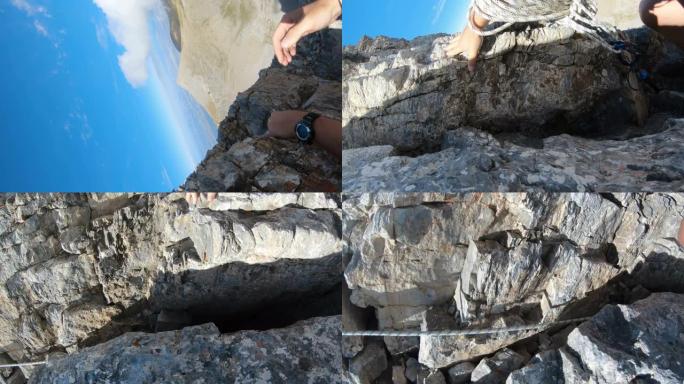 爬山者pov从头盔相机攀登到希腊危险的奥林巴斯峰会，垂直方向