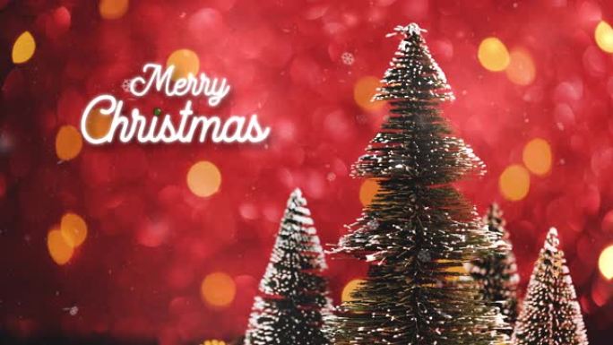 圣诞快乐，新年快乐，在红色闪闪发光的圣诞树上，节日波克漩涡背景。节日贺卡