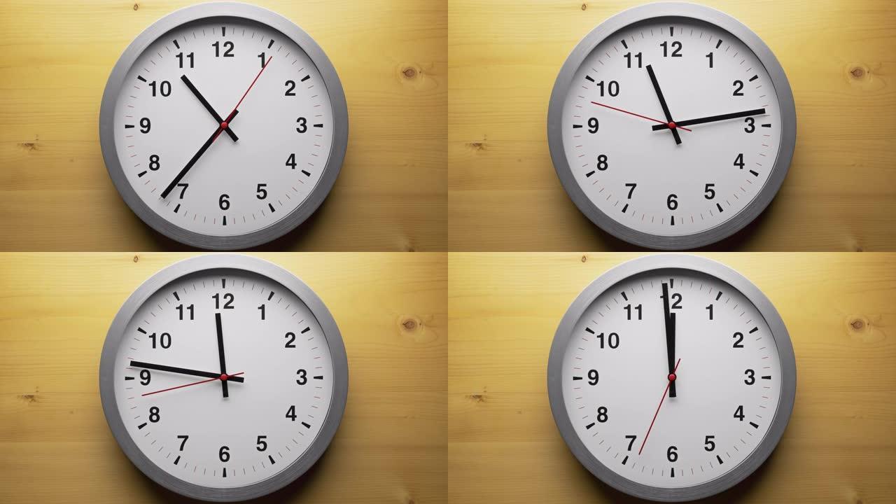 带有黑色箭头的延时灰色时钟显示运动时间从10.00加速到12.00，时间如何飞逝概念。