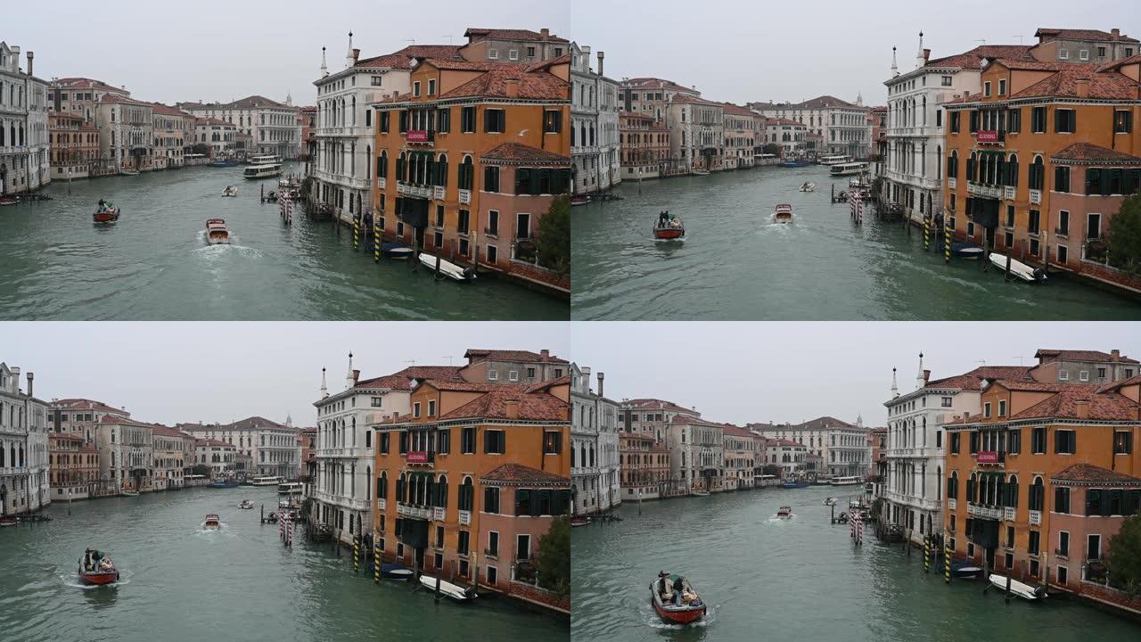 学院桥附近的大运河上的威尼斯，吊船和其他船只