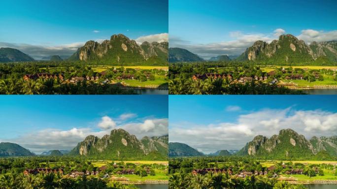 老挝万旺的山崖和稻田的壮丽景观时光流逝