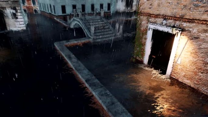多雨的夜晚3D动画中威尼斯的空荡荡的街道