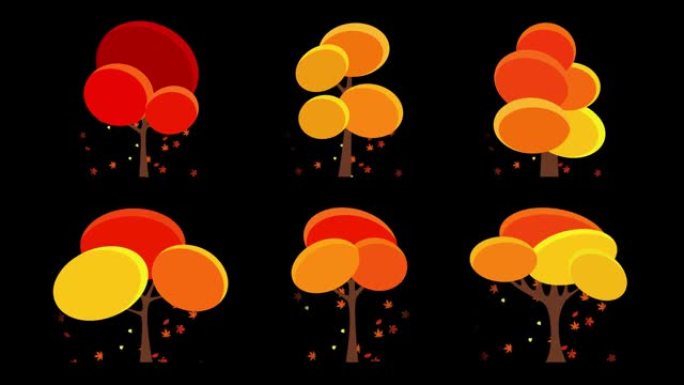 一组动画不同的秋天植物和落叶树木。