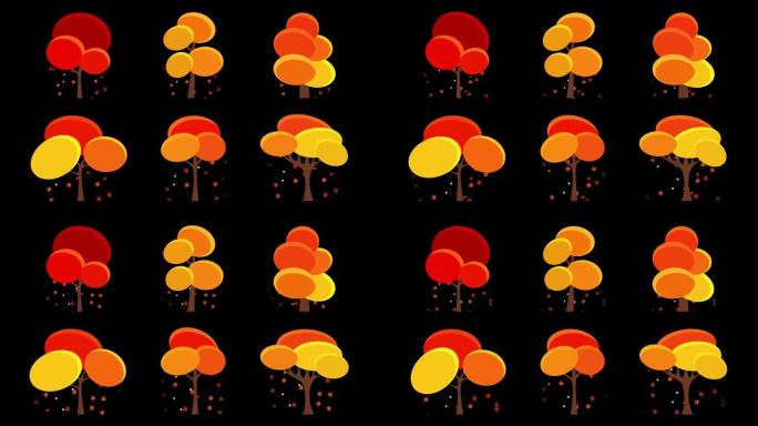 一组动画不同的秋天植物和落叶树木。