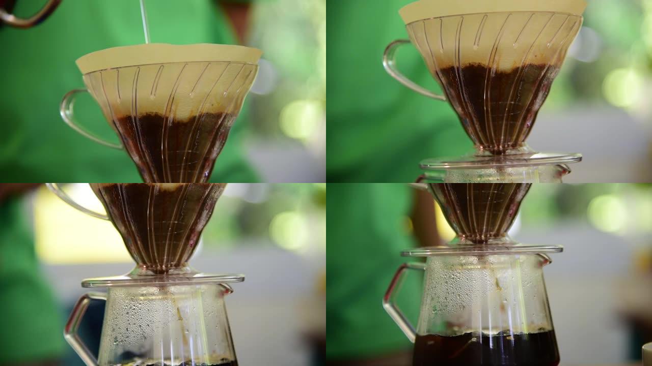 咖啡师使用复古制造商在咖啡馆制作美式咖啡