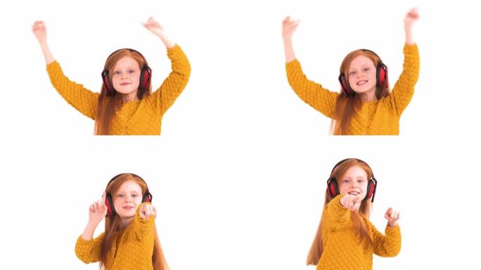 一个开朗的小女孩的特写镜头，带着迷人的微笑和神奇的狡猾的头发，用无线耳机听音乐，跳舞。快乐情感概念。