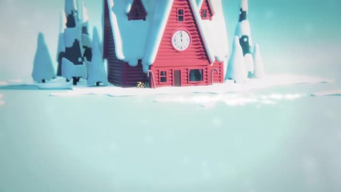 4k梦幻般的冰雪覆盖的房屋和森林，带有动画圣诞快乐文字和飘落的雪