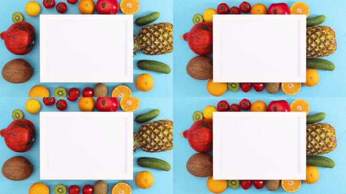 带有文本和热带水果位置的白色框架在蓝色主题上移动。停止运动