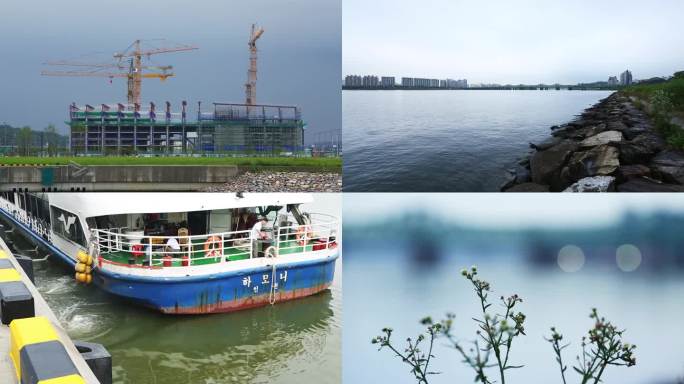 水体上的桥梁图像 一艘船停靠在水中 背景为河流的城市图片