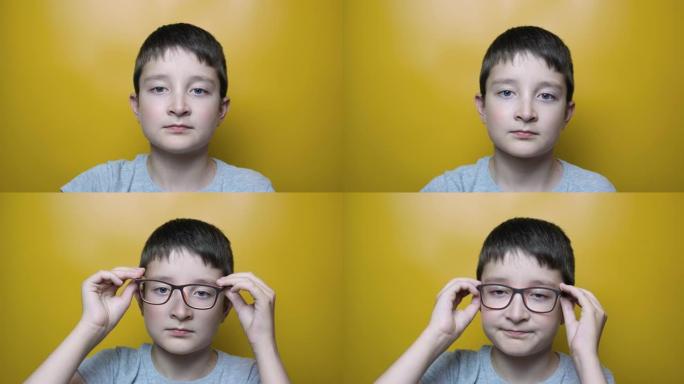一个可爱的男孩在黄色背景，近视，散光和眼科疾病概念下戴上眼镜的肖像