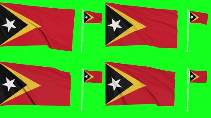 绿屏东帝汶两面旗子挥舞着东帝汶旗杆动画4k 3d色度键
