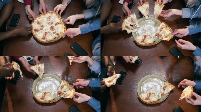 女性和男性双手拍披萨的特写镜头