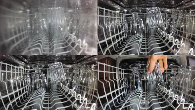 洗碗和玻璃杯时的洗碗机内部