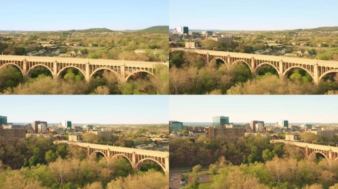 宾夕法尼亚州艾伦镇的无人机拍摄桥梁和天际线