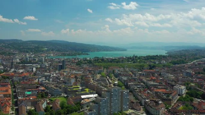 苏黎世市晴天湖空中全景4k瑞士