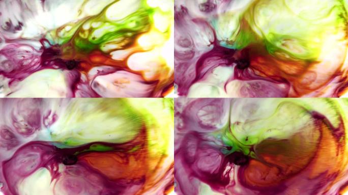 五颜六色的充满活力的抽象颜料以迷幻和宇宙的形式变形，形成漩涡和波浪。广告和商业广告的4k镜头。