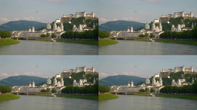 日落时间萨尔茨堡中心著名的河流城市景观慢动作全景4k奥地利