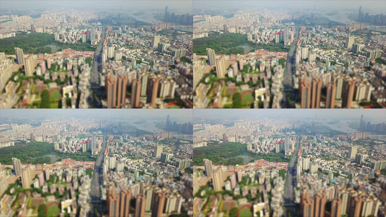 晴天著名的广州城市景观空中高飞全景倾斜移动4k中国