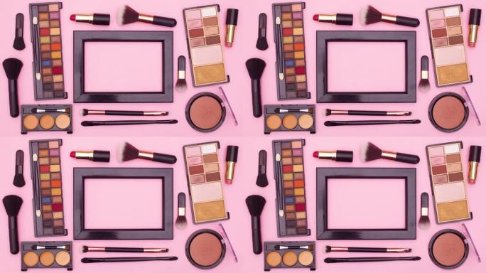 化妆化妆品产品出现在黑色框架周围，用于粉红色主题的文字。停止运动