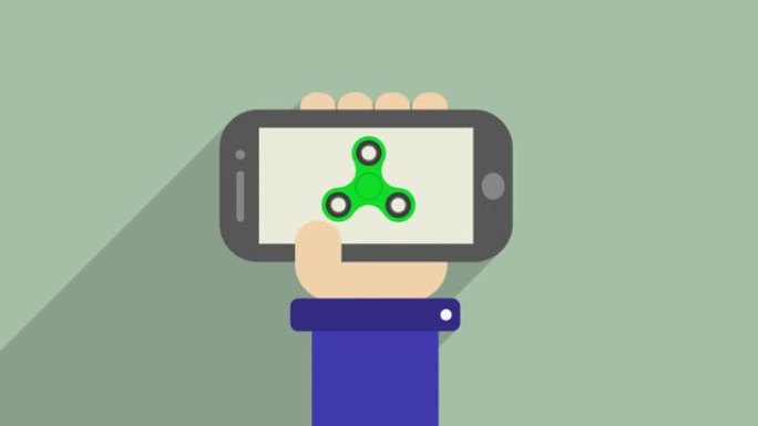 一个男人的手拿着一个手机，手机上有一个绿色的手旋转器。旋转器正在旋转。扁平风格。运动图形。