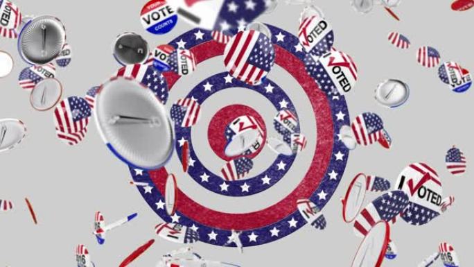 多枚选举徽章落在白色背景上旋转着美国国旗的圆圈上
