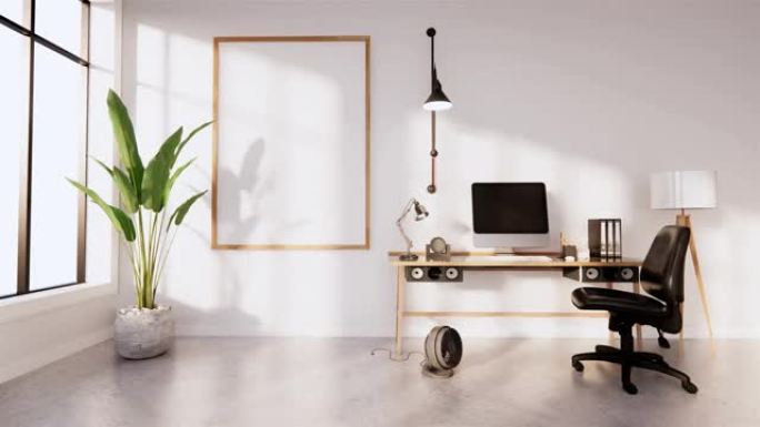 白色混凝土地板和白色砖墙设计的书桌上的室内电脑和办公工具。3D渲染